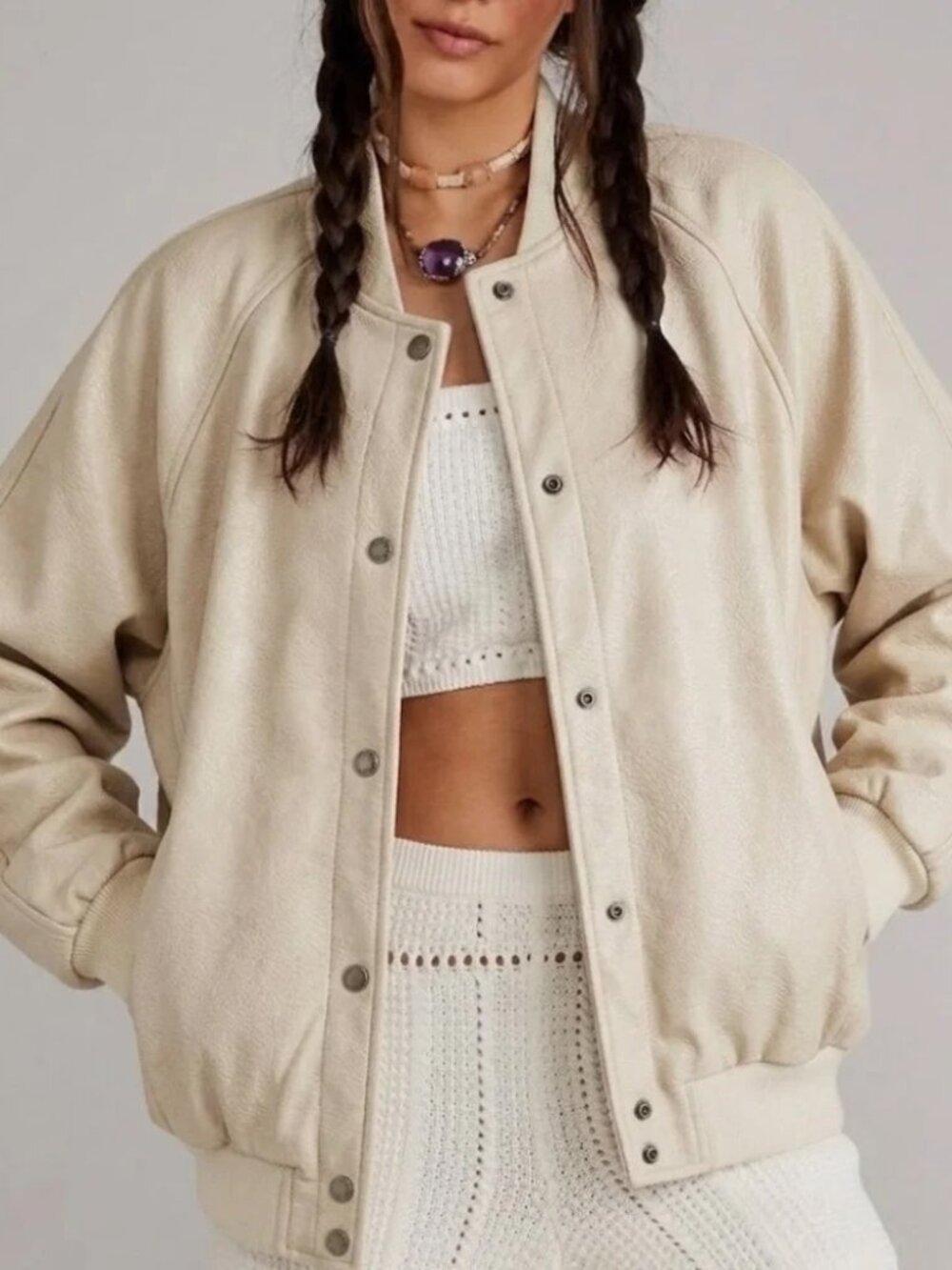 We The Free By Free People Wild Rose Faux Leather Bomber Jacket In Cream Size S
